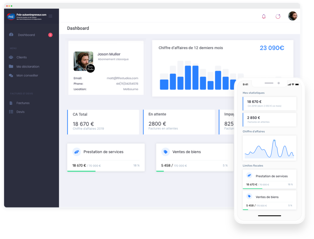 Aperçu du tableau de bord Pôle Auto-Entrepreneur